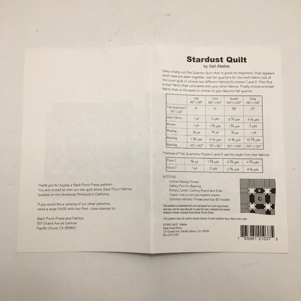 Back Porch Designs Stardust Quilt P037 Fat Quarter Quilting Sewing Pattern Uncut - Picture 4 of 4